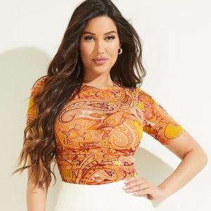 New Marciano Guess Cabo Paisley Sheer Mesh Short Sleeve Top S